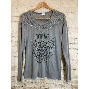 Affliction Top Womens XL Gray Medallion Print Studded Crochet Lace Trim Cotton